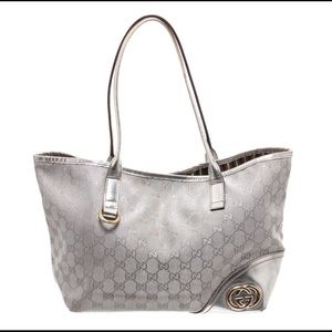 Gucci Metallic Silver GG Canvas Leather Trim Tote
